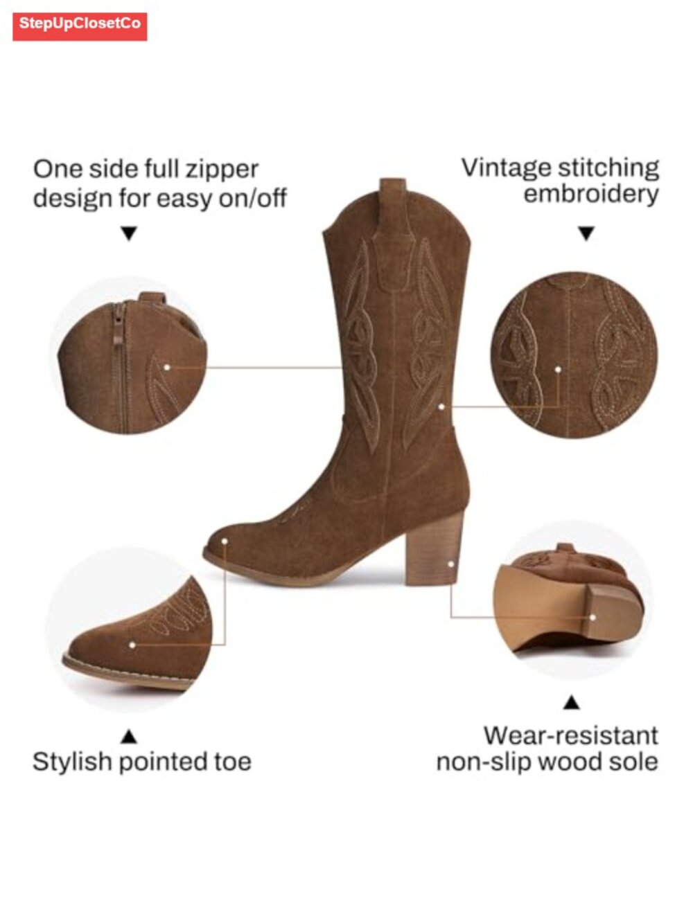 Suede Mid Calf Cowboy Boots Pointed Toe Chunky Heel Western Embroidered - Picture 3 of 6